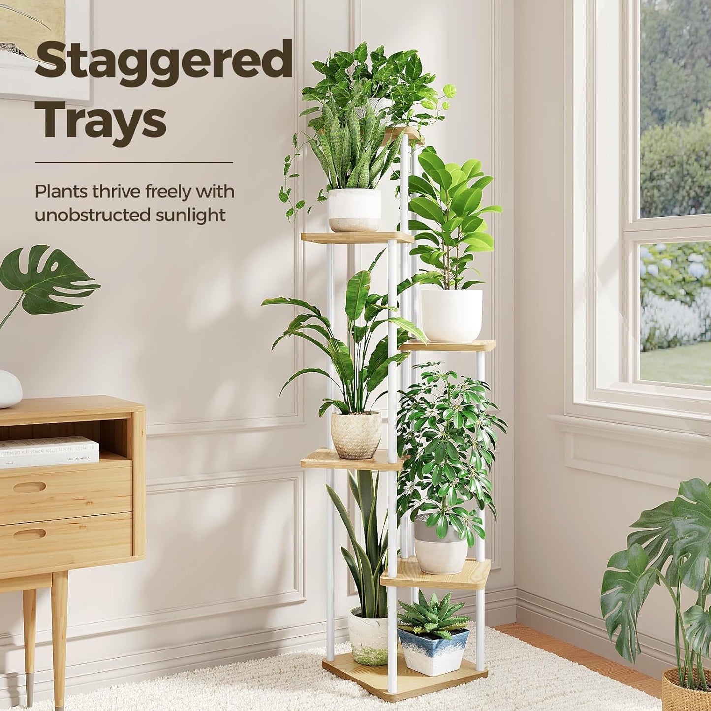 Bamworld White Plant Stand Indoor Tall Metal Wood Plant Shelf | 6 Tier Flower Stand for Patio Garden Balcony Living