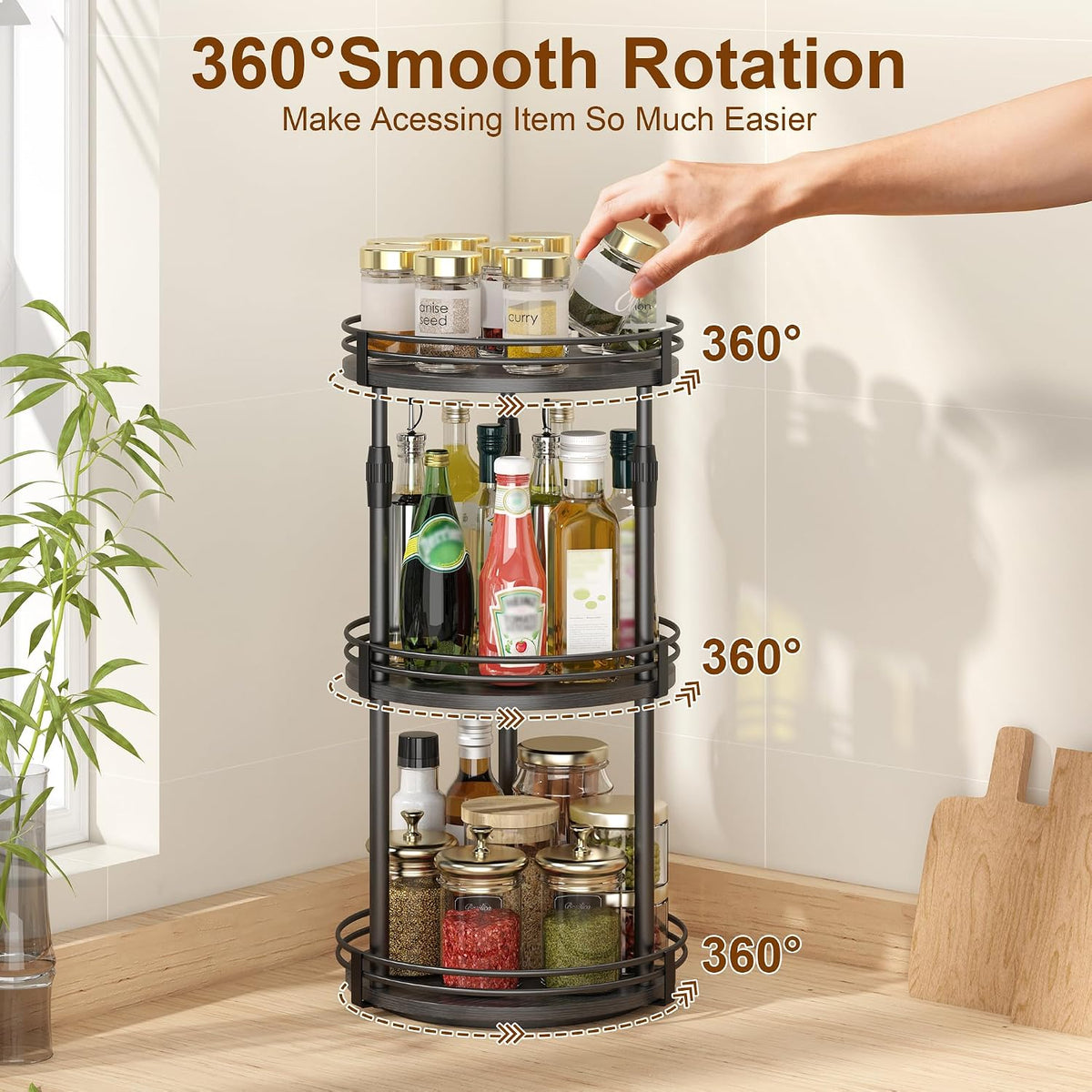 Across-star Lazy-Susan-Organizer-Spice-Rack, 3-Tier Rotating Spice Organizer for Cabinet Pantry, Seasoning Holder Shelf