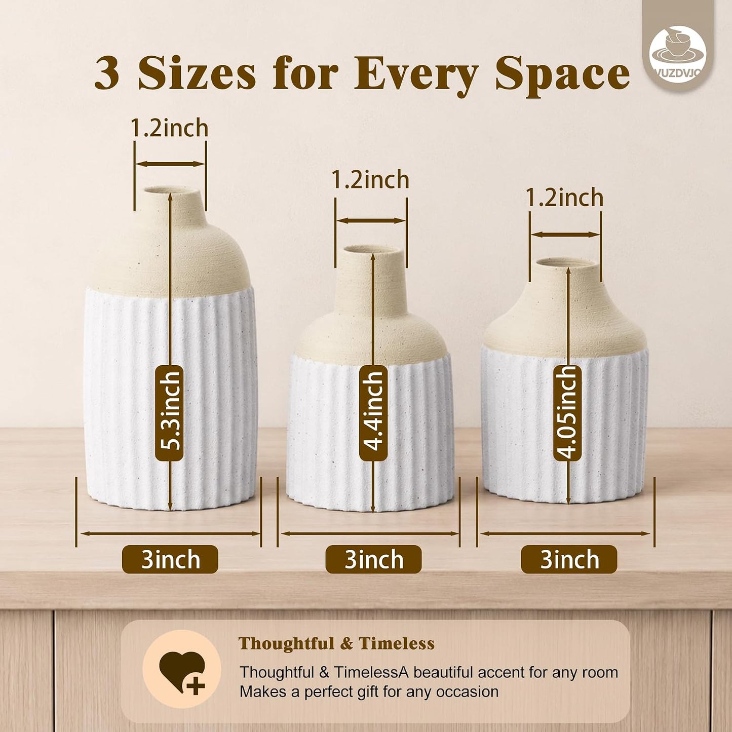 Modern Boho Style Ribbed Ceramic Bud Vases for Flowers / Beige White / Set of 3
