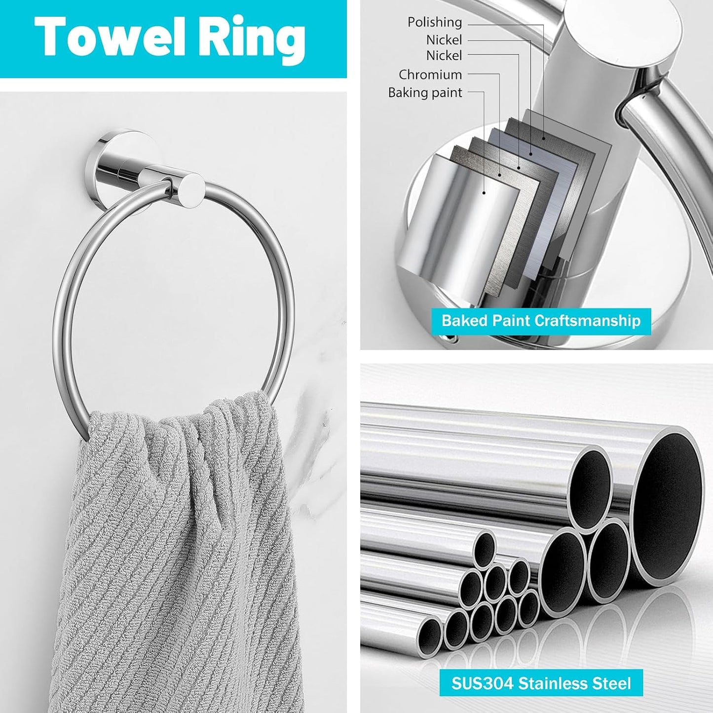 Chrome Bathroom Hardware Set,10 Pieces Towel Bar Towel Holder Set Includes Towel Bar, Toilet Paper Holder,Towel Ring