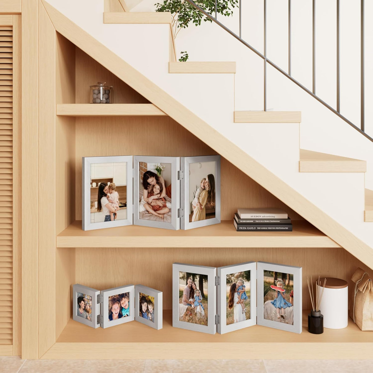 decorUhome Sliver Triple 7x5 Picture Frame Horizontal, MDSL08 | "Z" Shape Folding Design Engineered Wood Trifold Photo