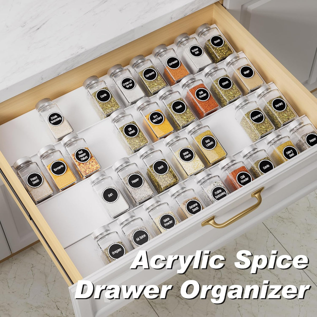MIUKAA White Spice Drawer Organizer, 4 Tier - 8 Pack Seasoning Organizer for Drawer, Expandable From 13" to 26" Kitchen