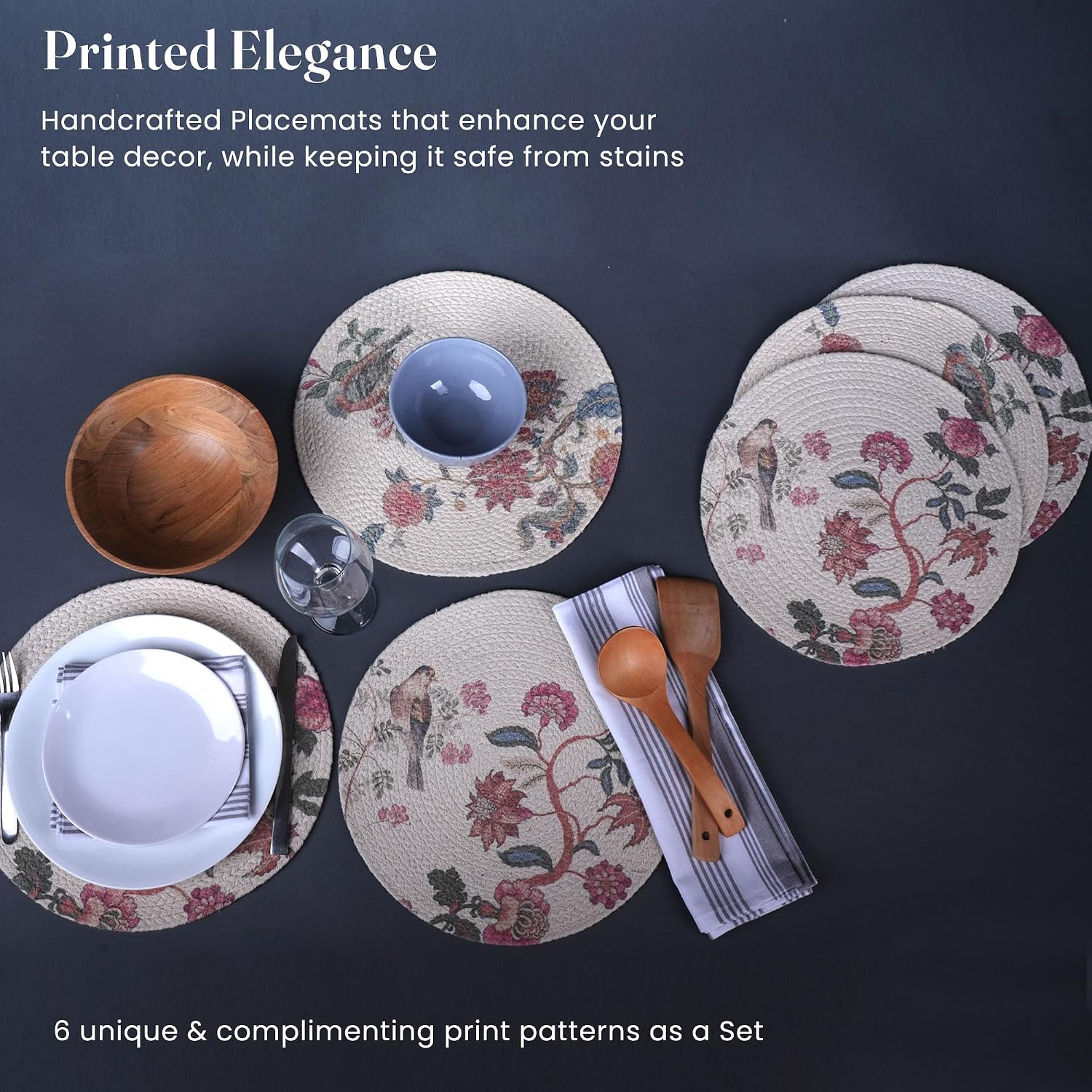 The Fine Living Braided Cotton Placemats, Round Table Mats, Set of 6,13.5" | Washable Anti-Slip Heat Resistant Braided