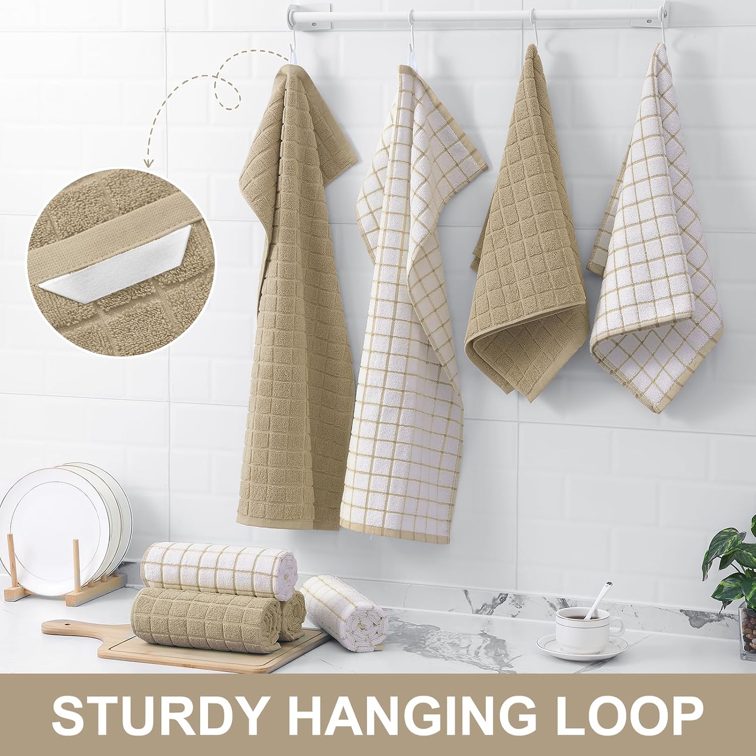 Homaxy Large Premium Cotton Kitchen Towels 16"x 28", 8 Pack, Tan | Natural Ring Spun 390 GSM Dish Towels, Super
