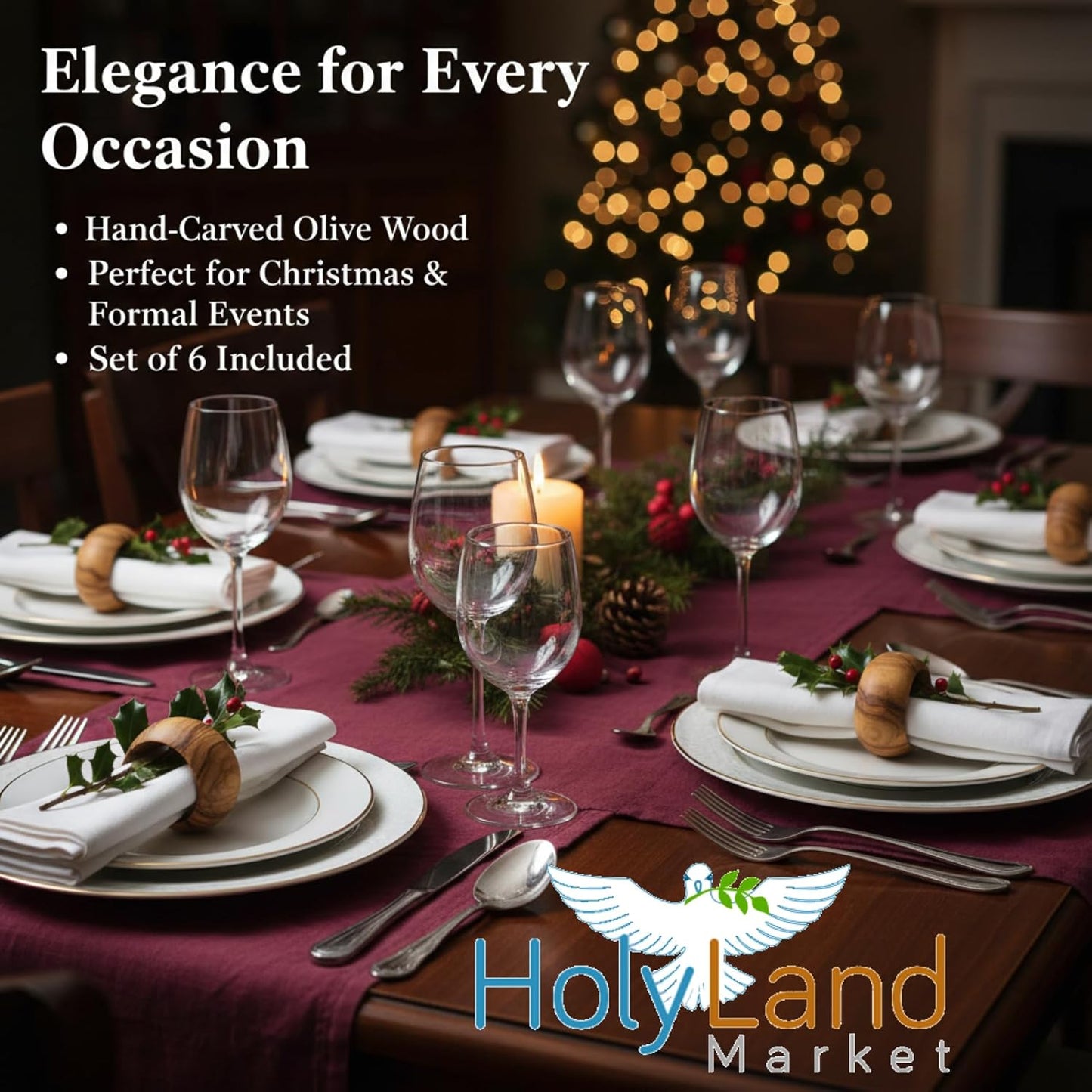 Holy Land Market Hand Carved Olive Wood Napkin Rings Set of 8 Bethlehem | 8 Rings, 1.8 Inch Diameter, 0.9 Inch Wide