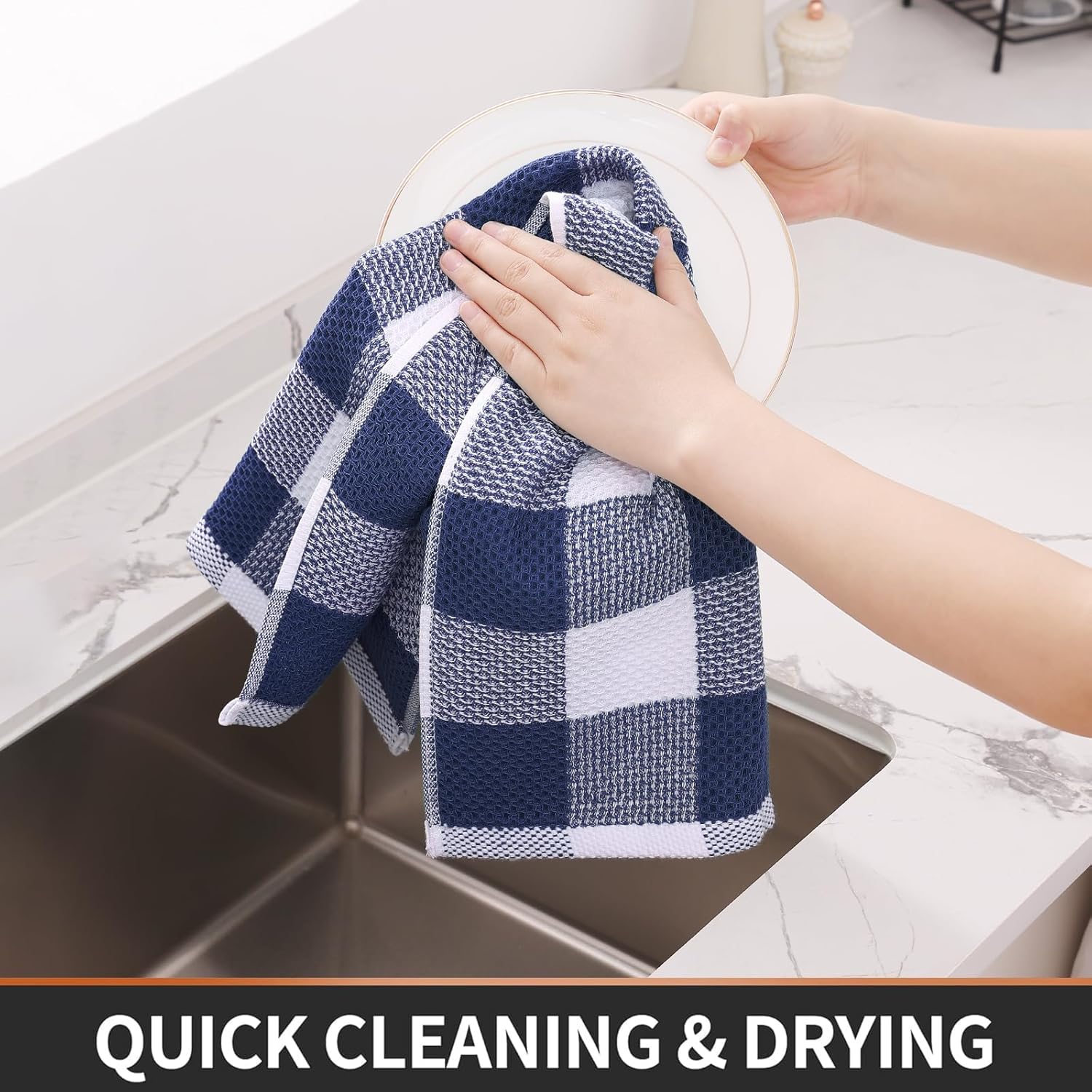 Homaxy Kitchen Towels and Dishcloths Set, Set of 12, White & Navy Blue | Bulk Cotton Waffle Weave Check Plaid Kitchen