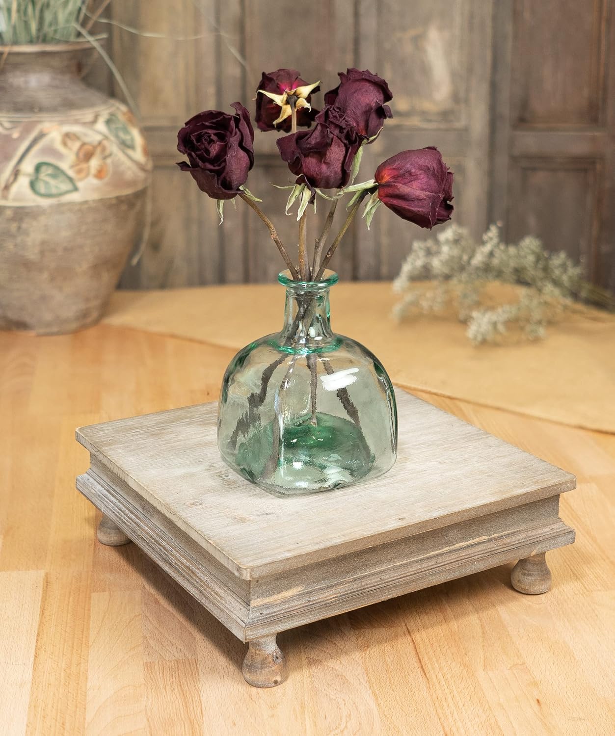 Decorative Square Tabletop Wooden Display Tray Riser in Whitewash Finish / 12 x 12