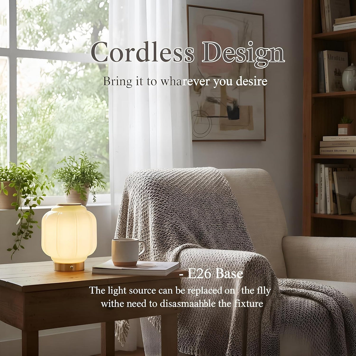 Mushroom Lamp, Cordless Rechargeable Table Lamp for Bedroom & Nightstand, 4W Dimmable Bedside Light, Small Mid Century