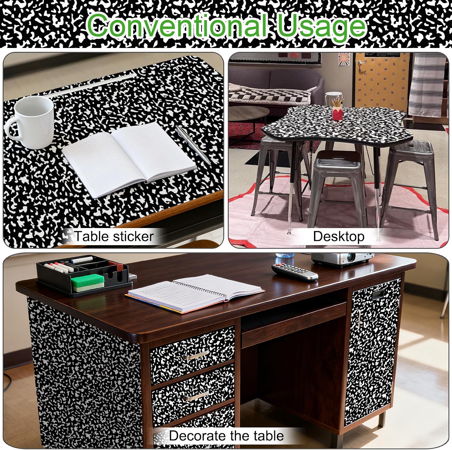 Black Contact Paper Composition Wallpaper Peel and Stick Wallpaper Vintage / 17.3 x 120 / White