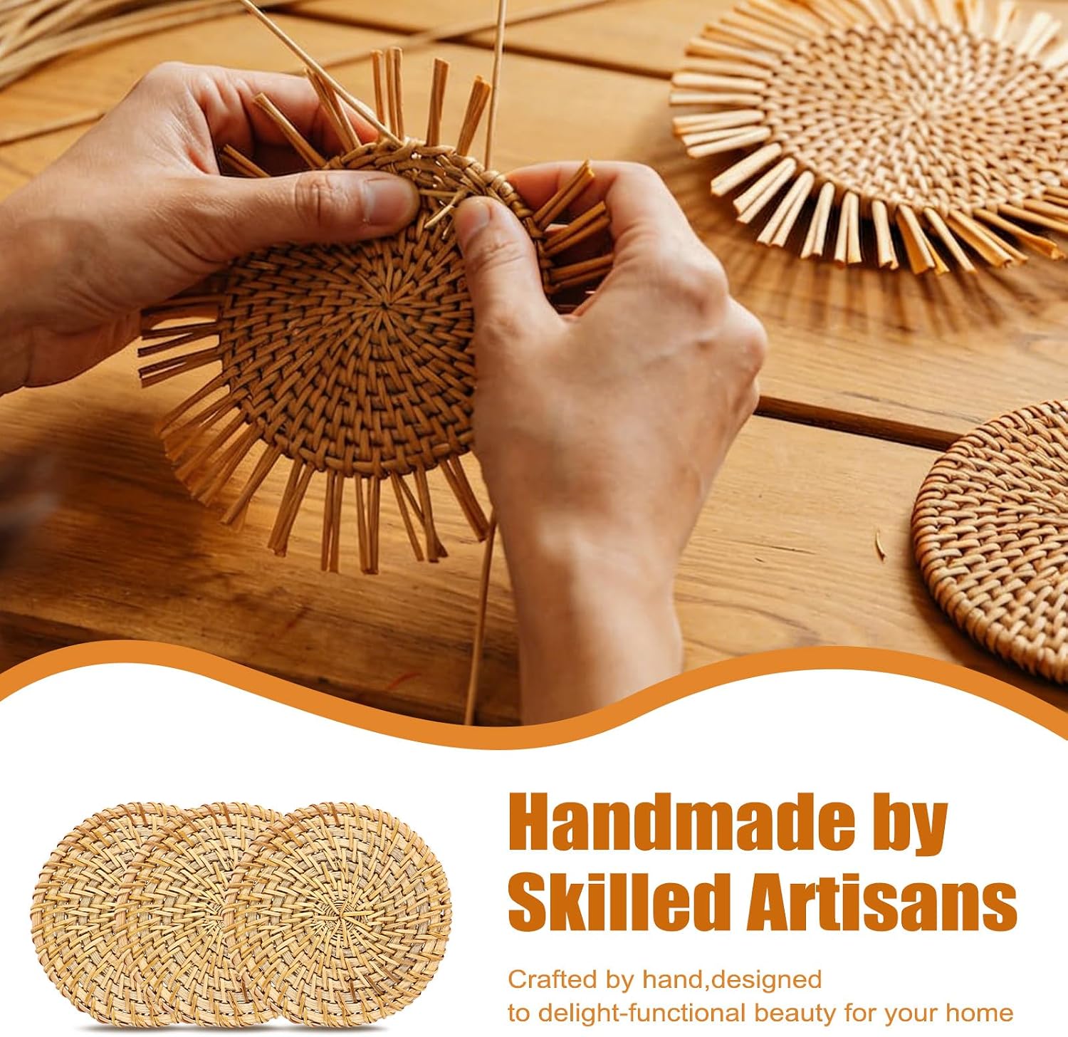 Holder / Boho Cup Coaster / Natural Rattan / Set of 6