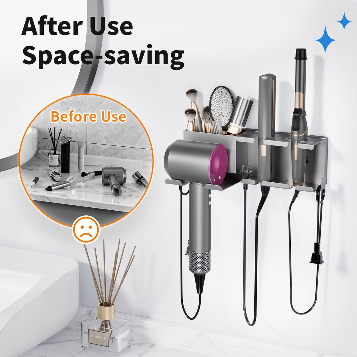Hair Dryer Holder, Hair Tool Organizer, Blow Dryer Hanger Wall Mount for Dryer Hook, Bathroom Space-Saving Blow Dryer
