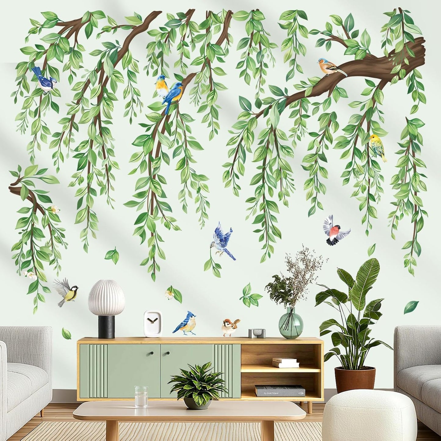 Large Tree Branch Wall Stickers Hanging Vine Leaf Peel and Stick Wall Art Decals / Green