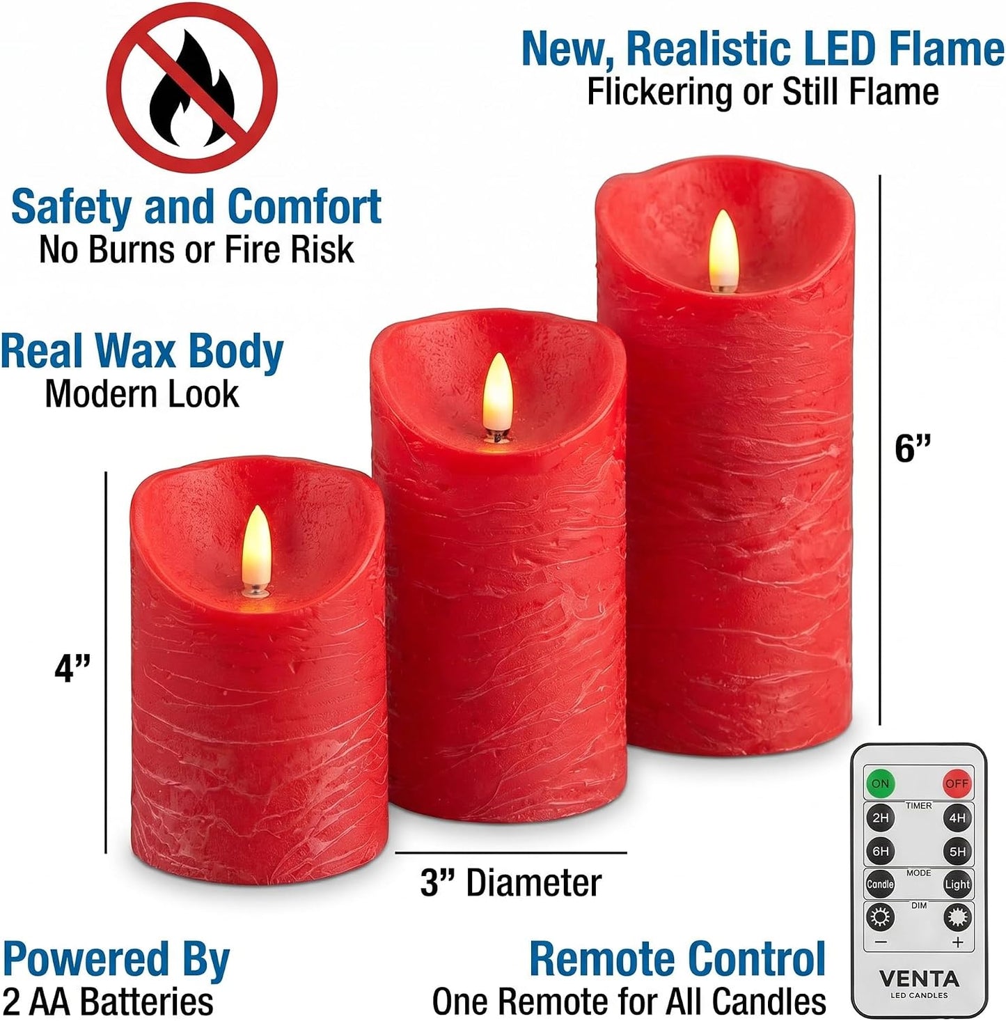 VENTA Flickering Flameless Candles with Remote Control - Led Candles Battery Operated - Battery Operated Candle for