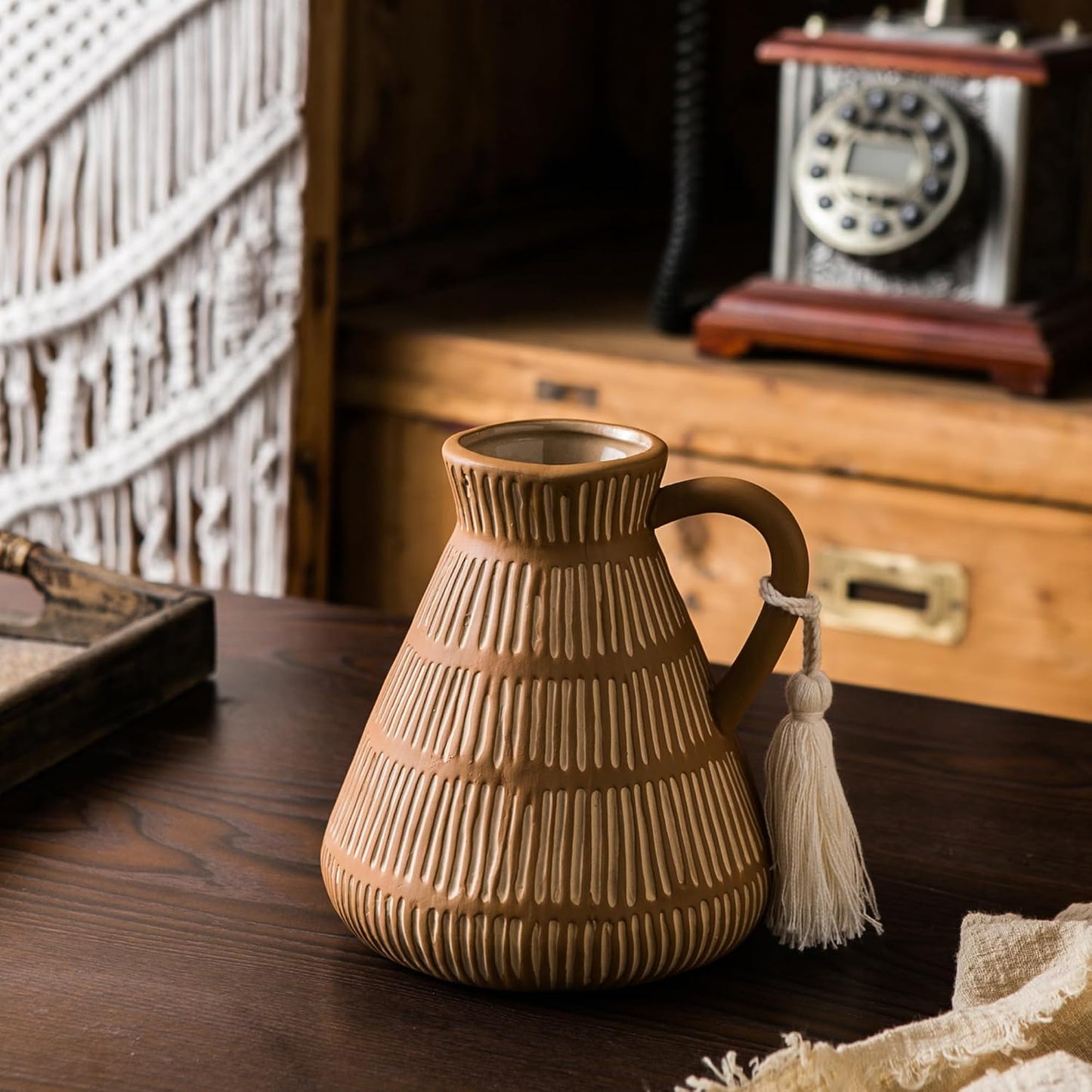 Rustic Farmhouse Vase / Yellow - Tassel