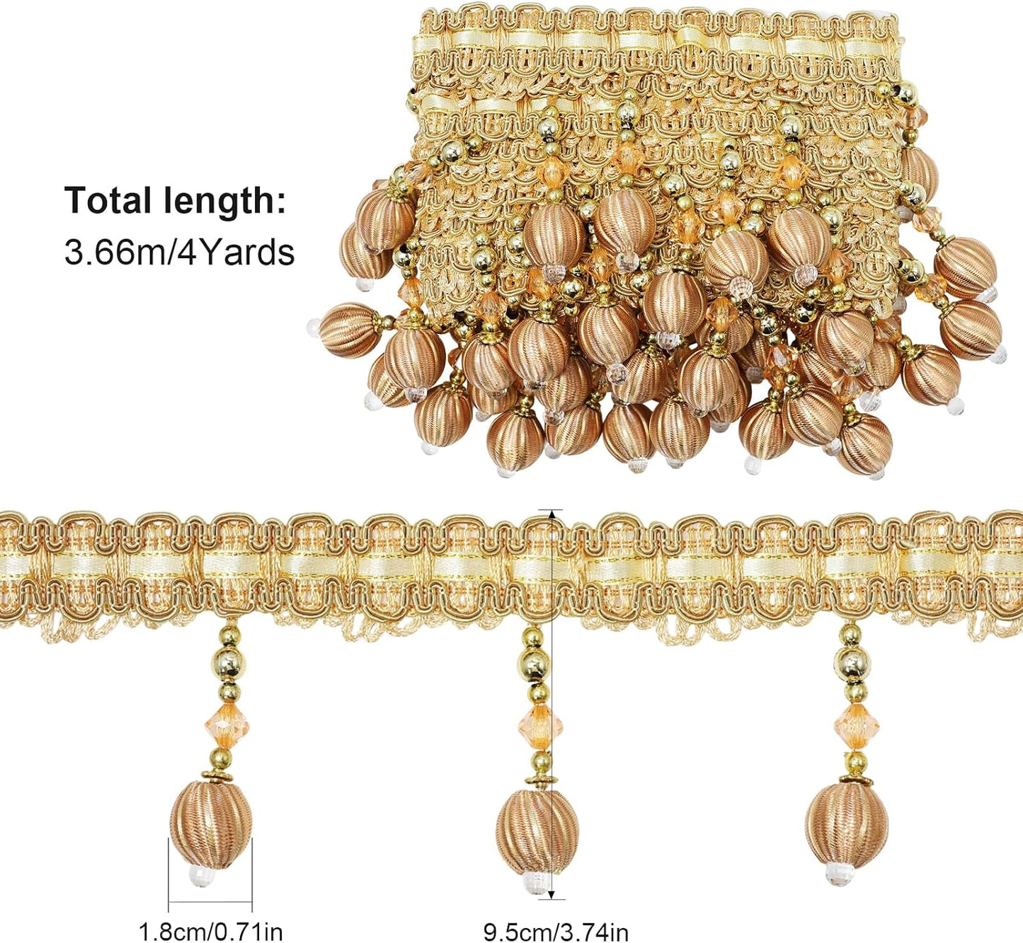 4 Yard Beaded Pendant Hanging Ball Tassel Fringe Trim Macrame for Curtain Tablecloth Home / Gold