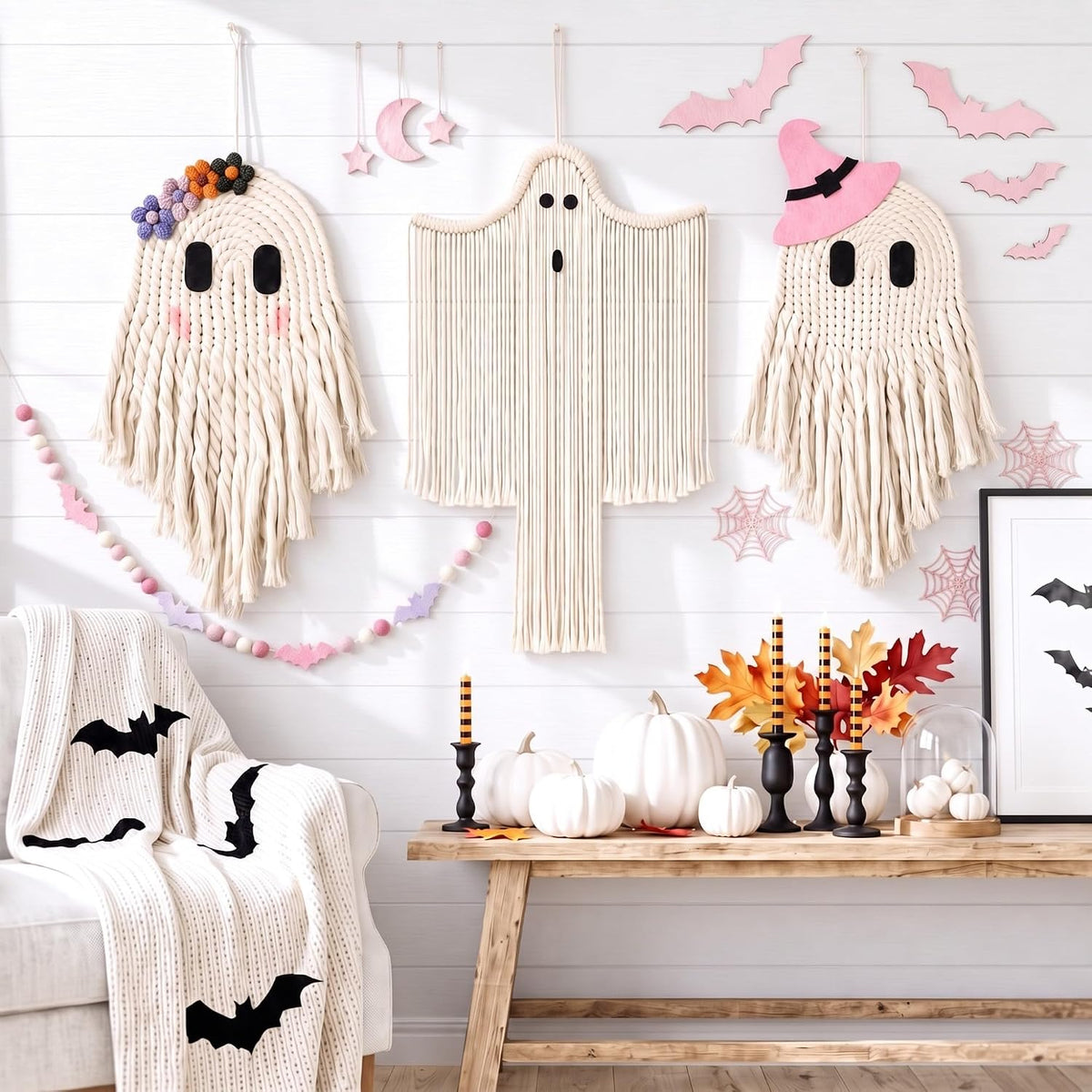 Remagr 3 Pcs Halloween Macrame Bats Wall Decor, Ghost Decor, Classic
