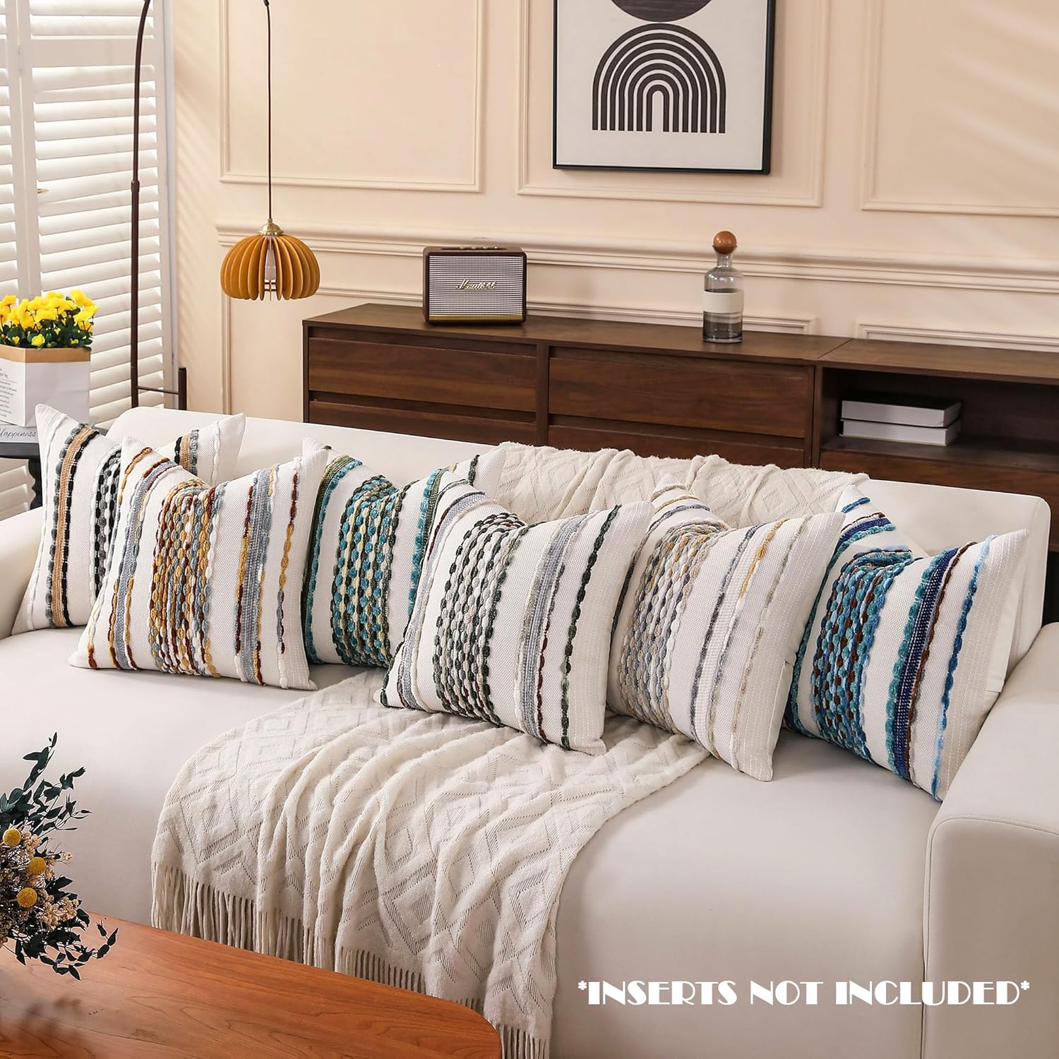 Boho Striped Throw Pillow Covers Farmhouse Decorative Pillow / Brown White / 18 x 18 / Set of 2