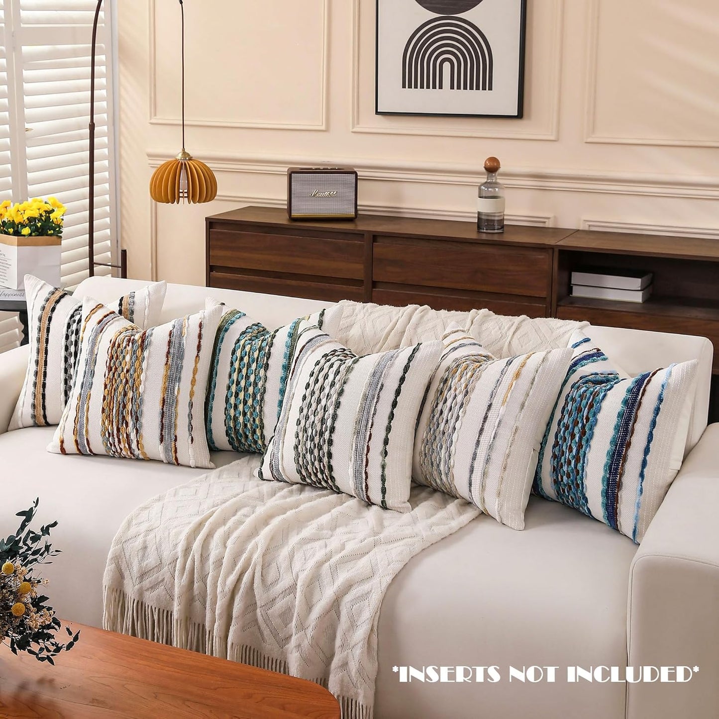 Boho Striped Throw Pillow Covers Farmhouse Square Decorative / Black Grey / 18 x 18 / Set of 2