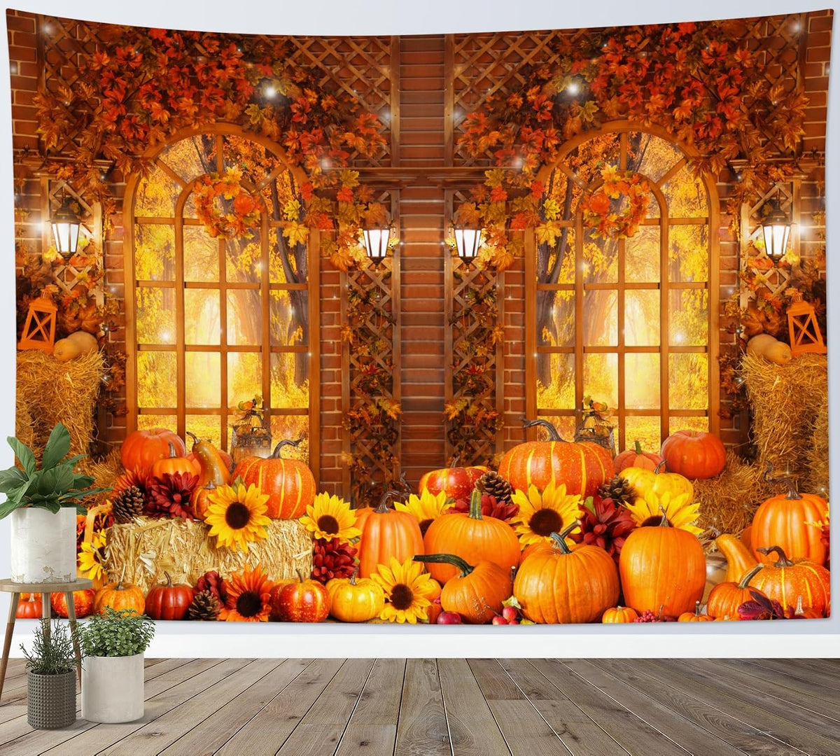 HVEST Fall Tapestry Wall Hanging Rustic Orange Pumpkin and Sunflower in Maple Tree Forest Tapestry for Bedroom, Autumn Thanksgiving Tapestries for Living Room Home Holiday Wall Decor, 60W X 40H inches