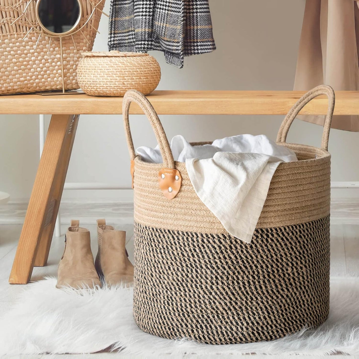Wicker Laundry Basket / Black / 14"W x 12"H