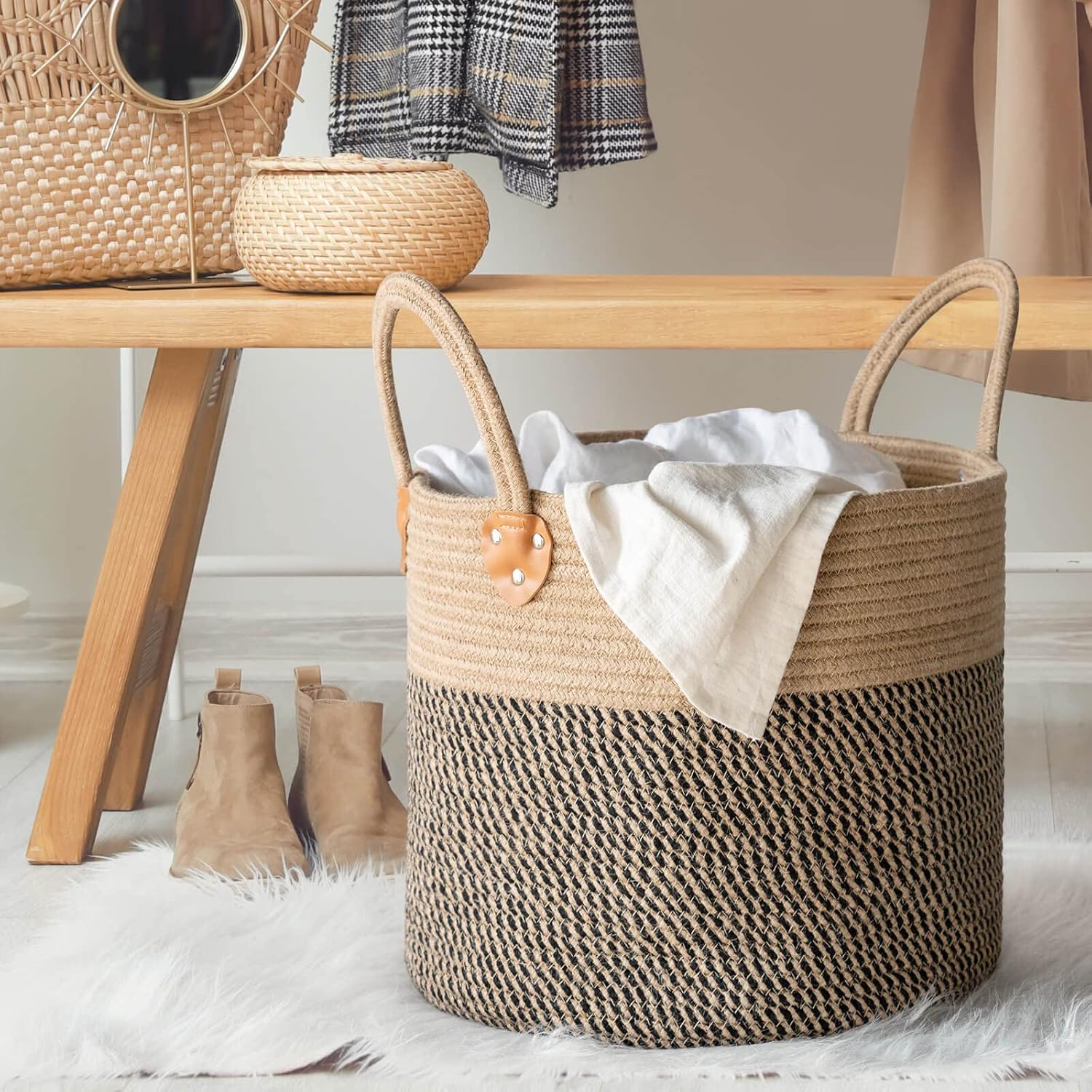 Wicker Laundry Basket / Black / 14"W x 12"H
