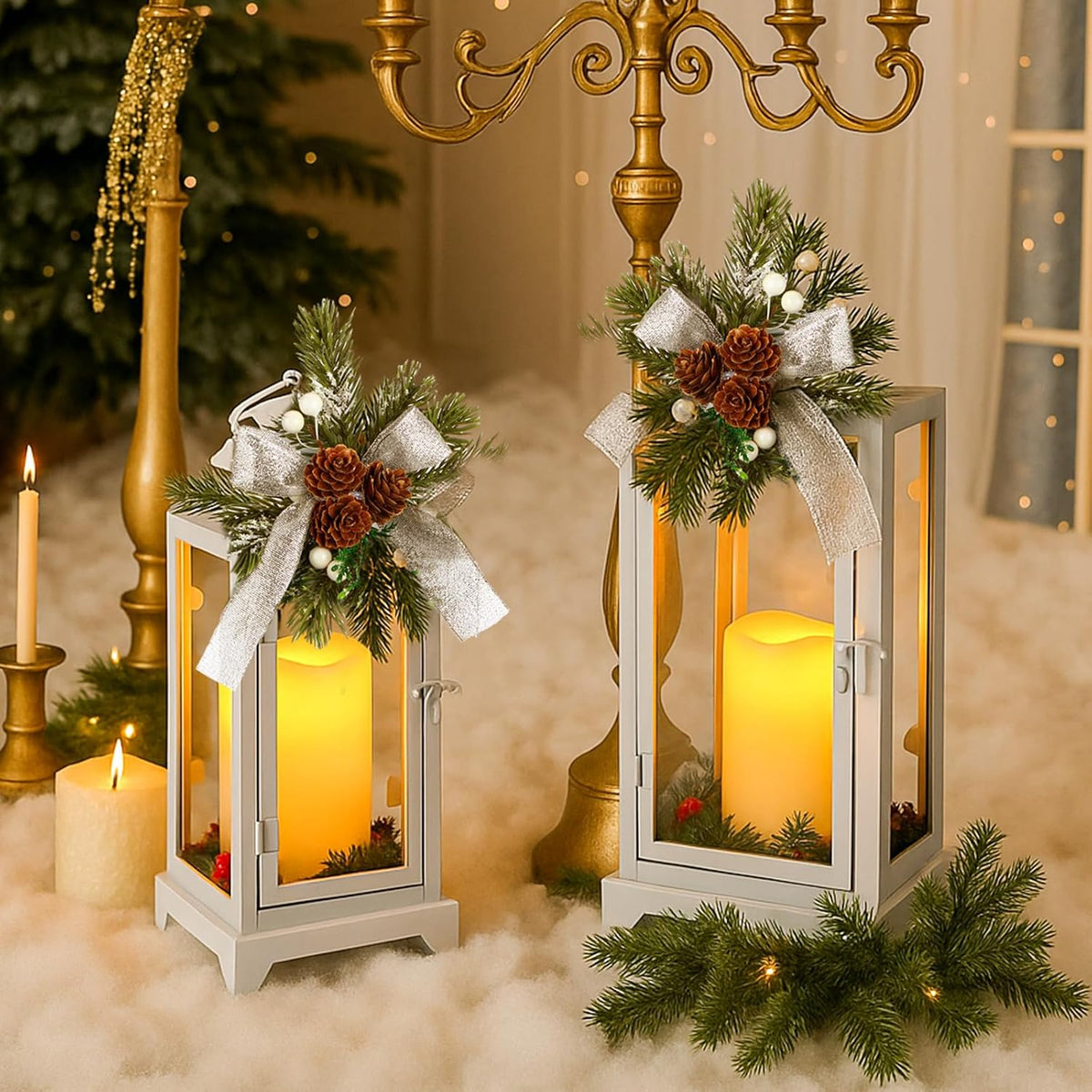 White 2 Pcs Christmas Metal Candle Lantern and LED Fake Candles 12'' and 15'' Decorative Lanterns with Xmas Ornament