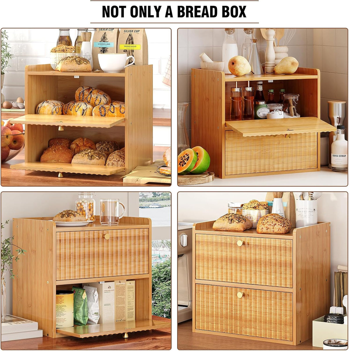 Trironsun Rustic Bread Box for Kitchen Countertop Bamboo Bread Storage Container Bin Double Layer BreadBox Farmhouse