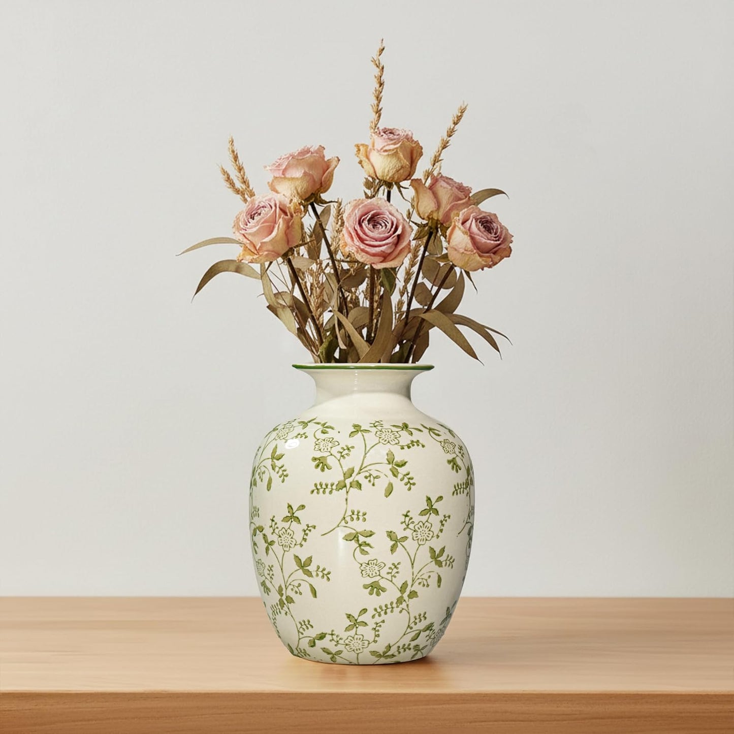 Ceramic Vase for Pampas Grass / Green and Beige / 7 Inch