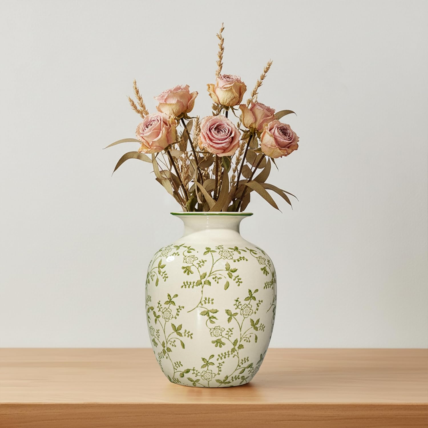 Ceramic Vase for Pampas Grass / Green and Beige / 7 Inch