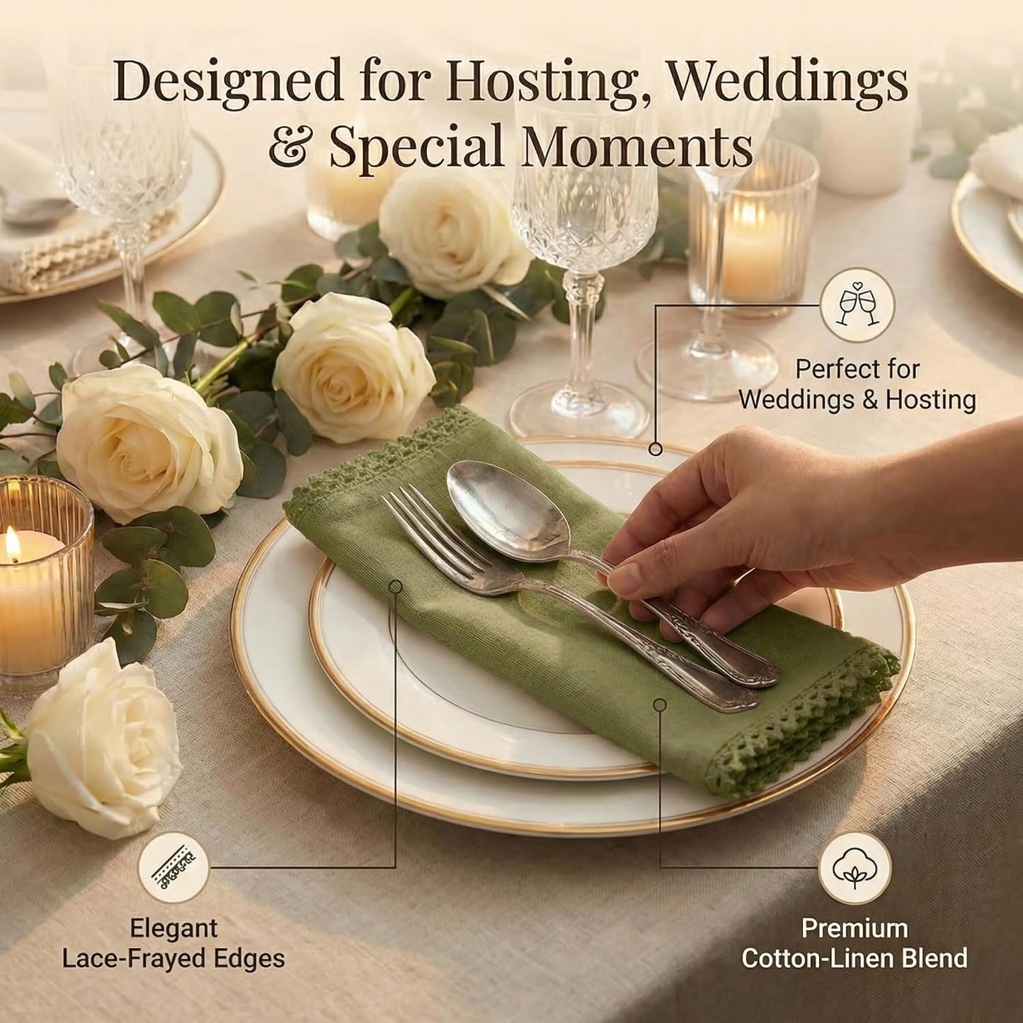 ACCENTHOME Olive Green Set of 12 18x18 inch Cotton Linen Dinner Napkins | Cotton Linen Blend Napkins, Machine Wash On