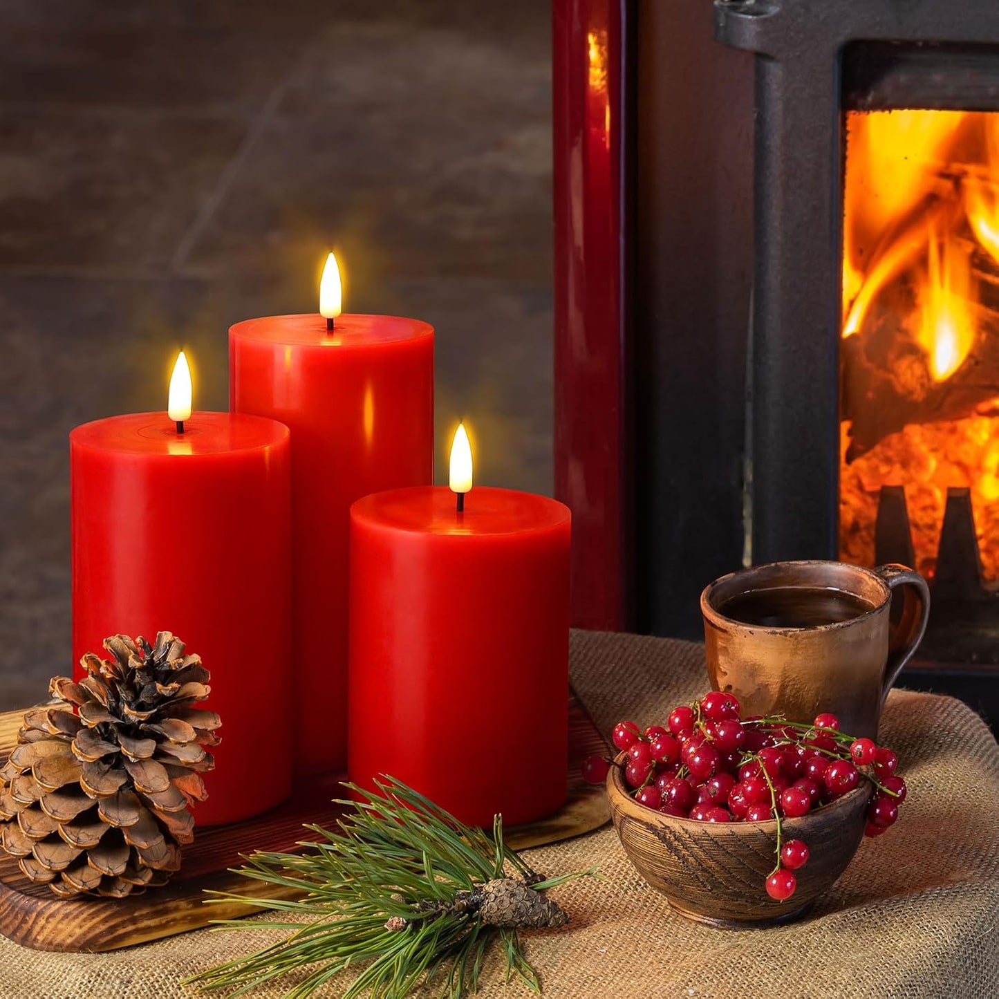 Red Christmas Flameless Pillar Candles with Remote Set of 3 | Flickering LED Wax Candles, Flat Top, 2 AA Battery Power
