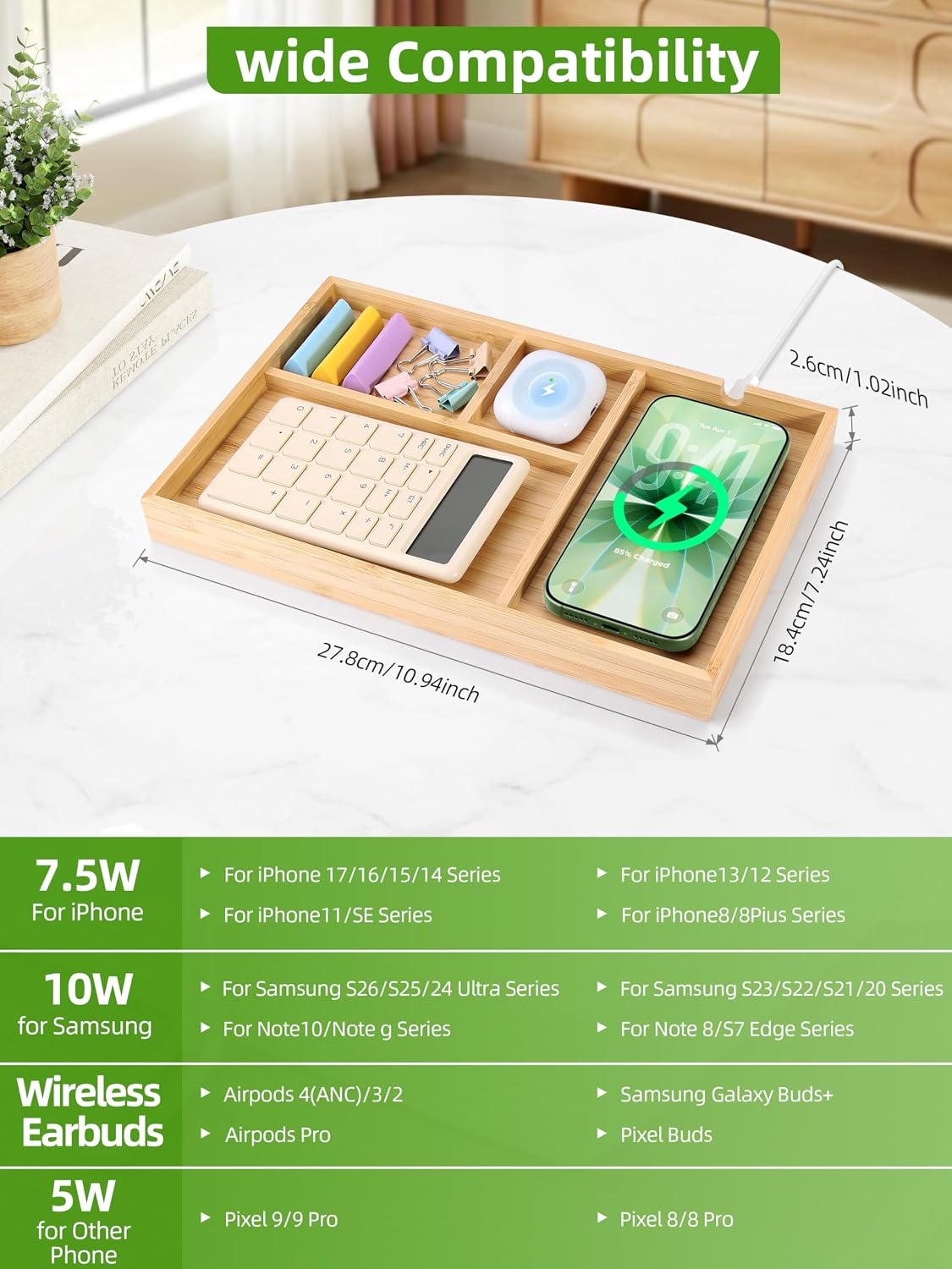 Bamboo Valet Tray with Dual Wireless Charger - EDC Nightstand Organizer for Men - Desk Tray & Catchall for Phone