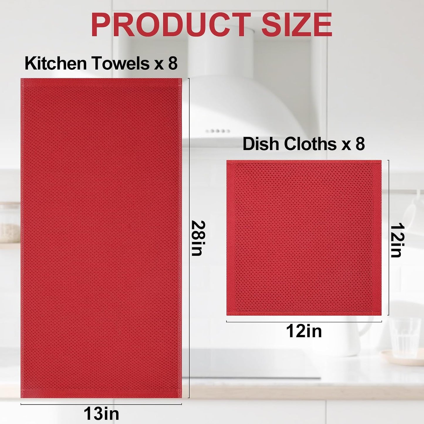 Homaxy 16 Pack 100% Cotton Kitchen Towels and Dishcloths Set, Red | 12 x 12 Inches and 13 x 28 Inches Kitchen Towels
