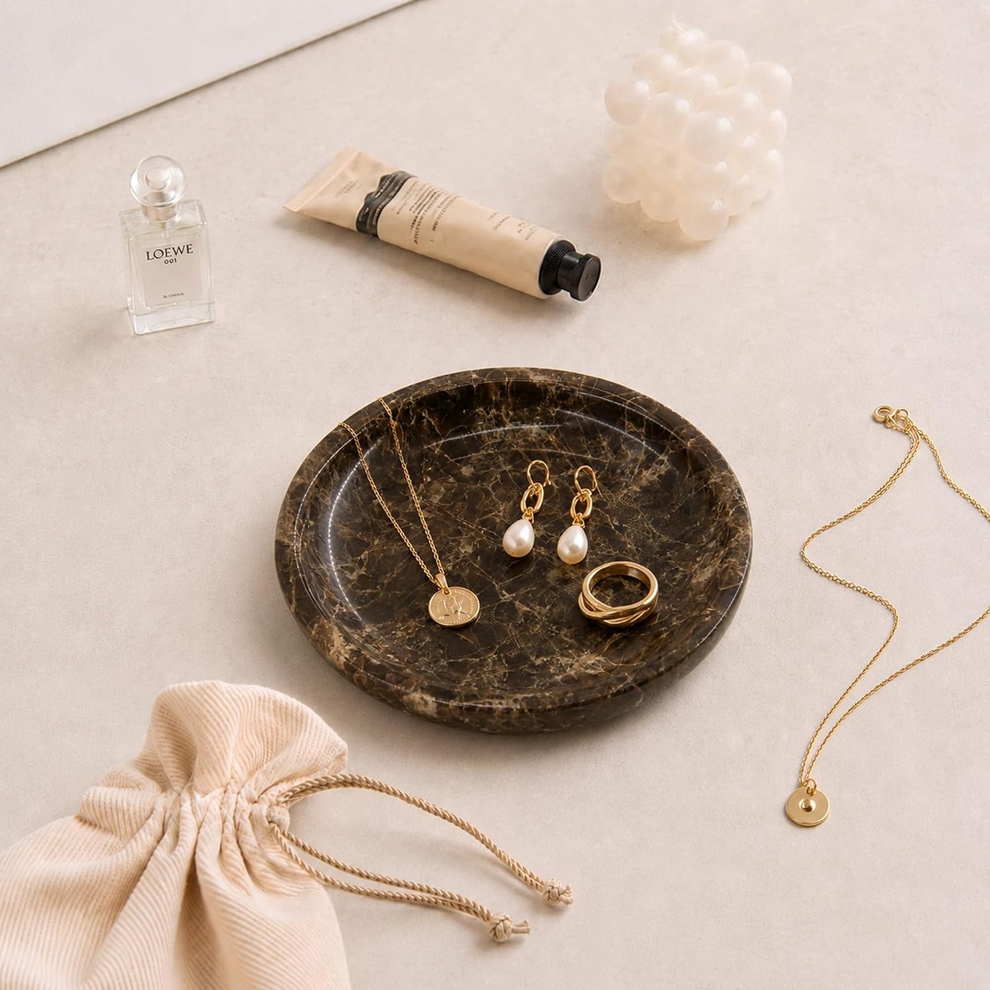 Small Natural Marble Jewelry Tray Key Plate Holder Dish Trinket Decor Catch All Bowl / Dark Brown
