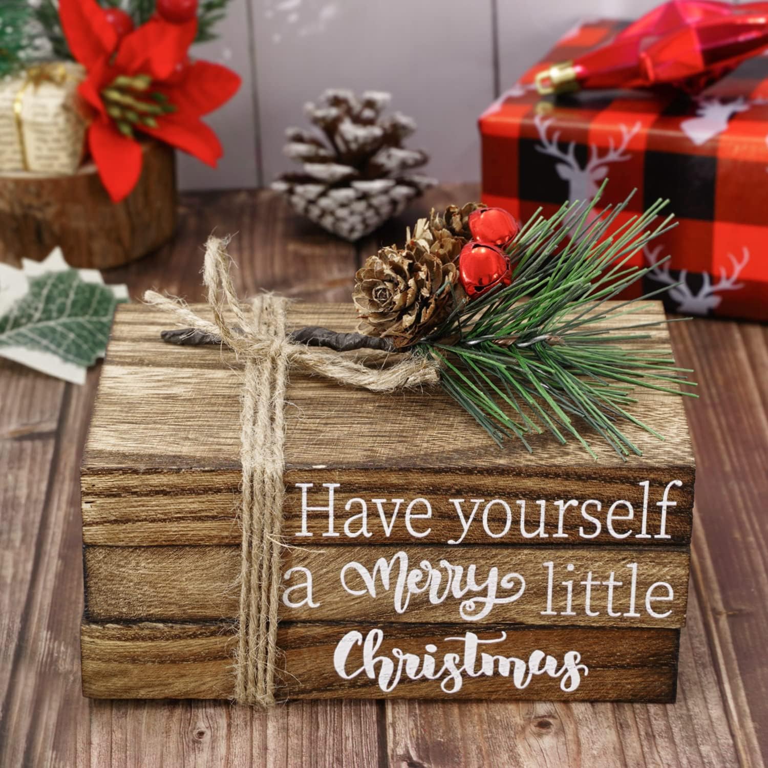 Christmas Wooden Tiered Tray Decor Merry Christmas Faux Decorative Stacked Books Bundle Wooden Block
