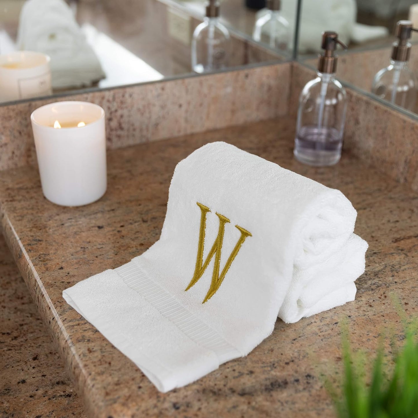 White with Gold Monogrammed Hand Towels for Bathroom - Set of 2 Letter W | Luxury Hotel Quality Initial Towels For