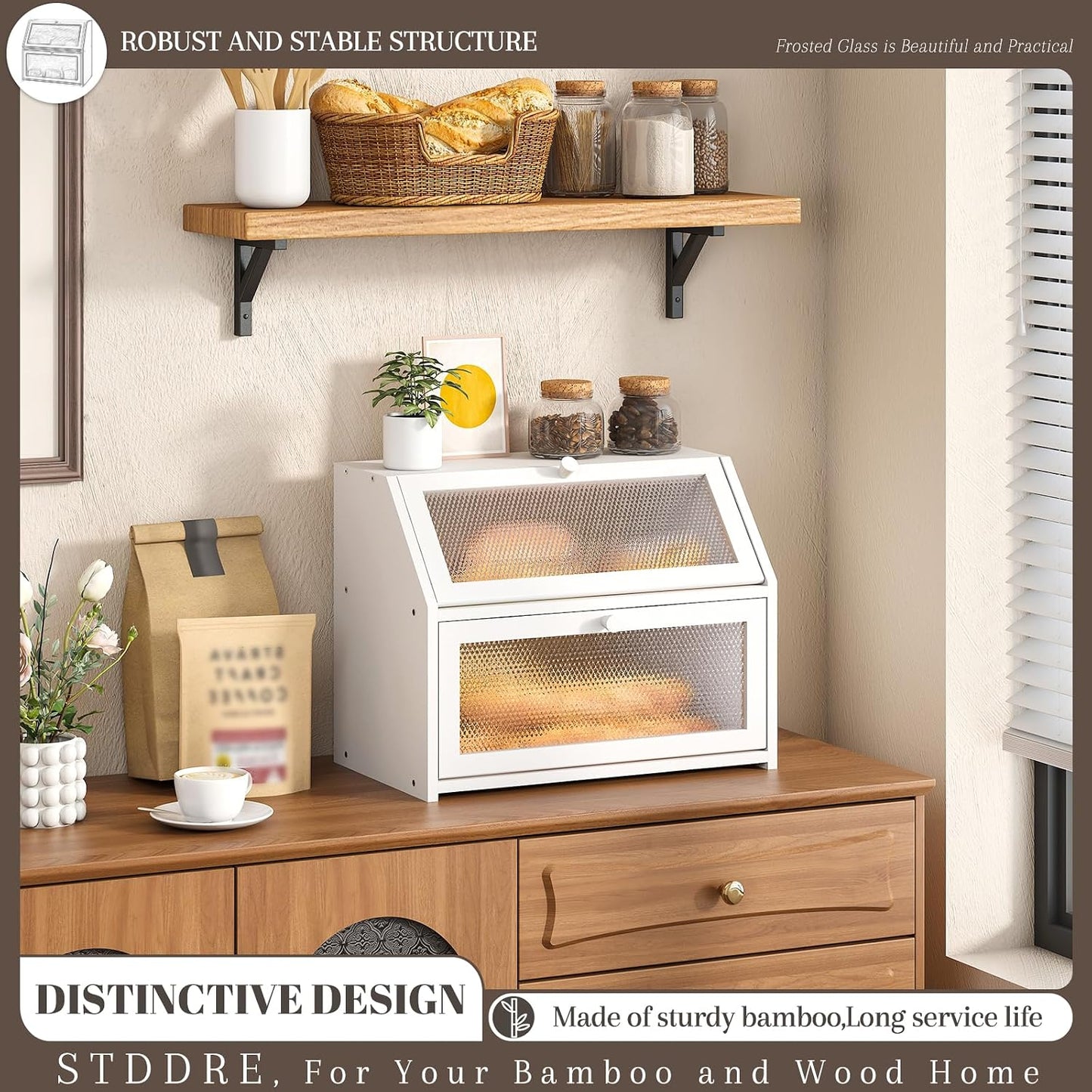 STDDRE Bread Box for Kitchen Countertop Bin Double Layer Bread Box Storage Container Extra Large Capacity Farmhouse