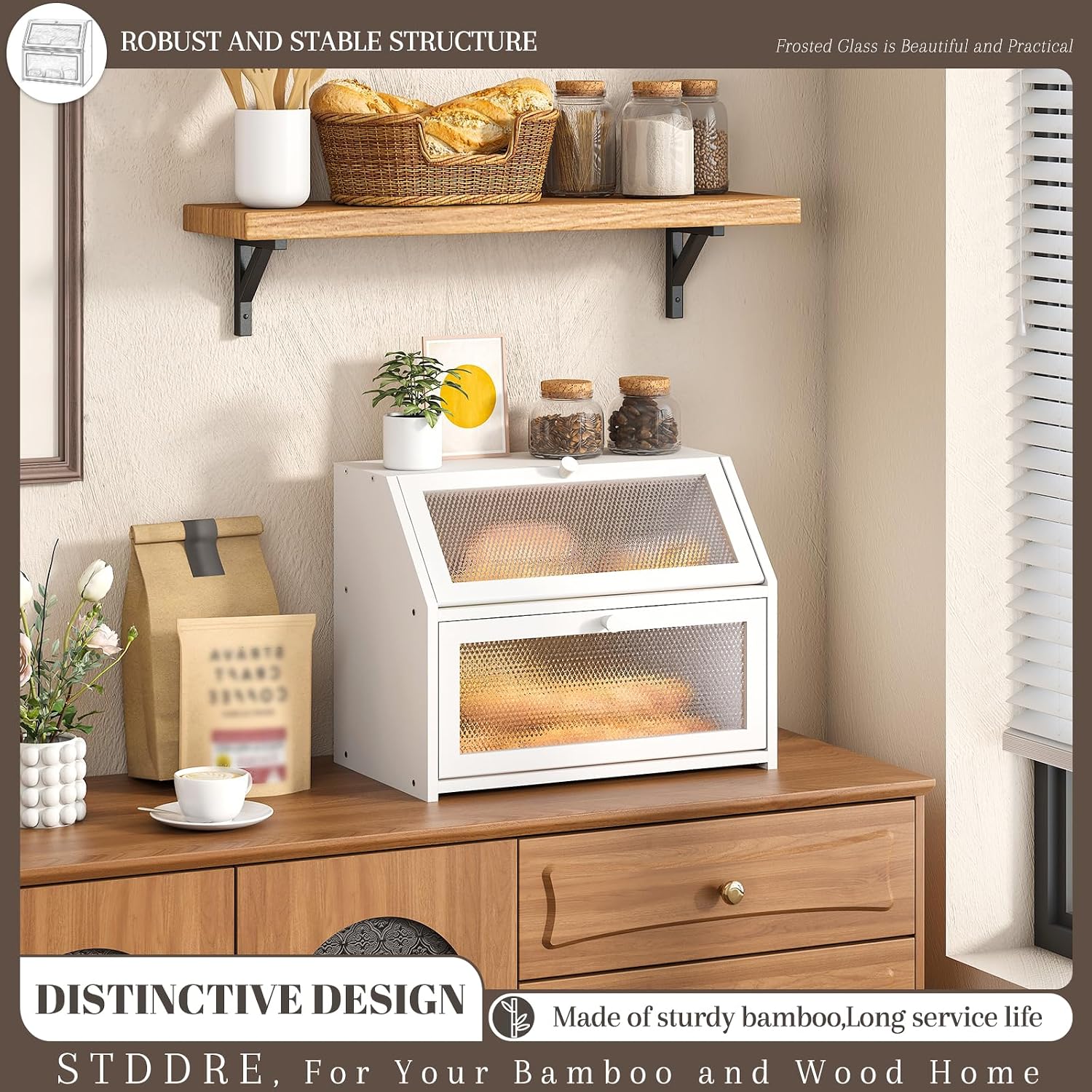 STDDRE Bread Box for Kitchen Countertop Bin Double Layer Bread Box Storage Container Extra Large Capacity Farmhouse