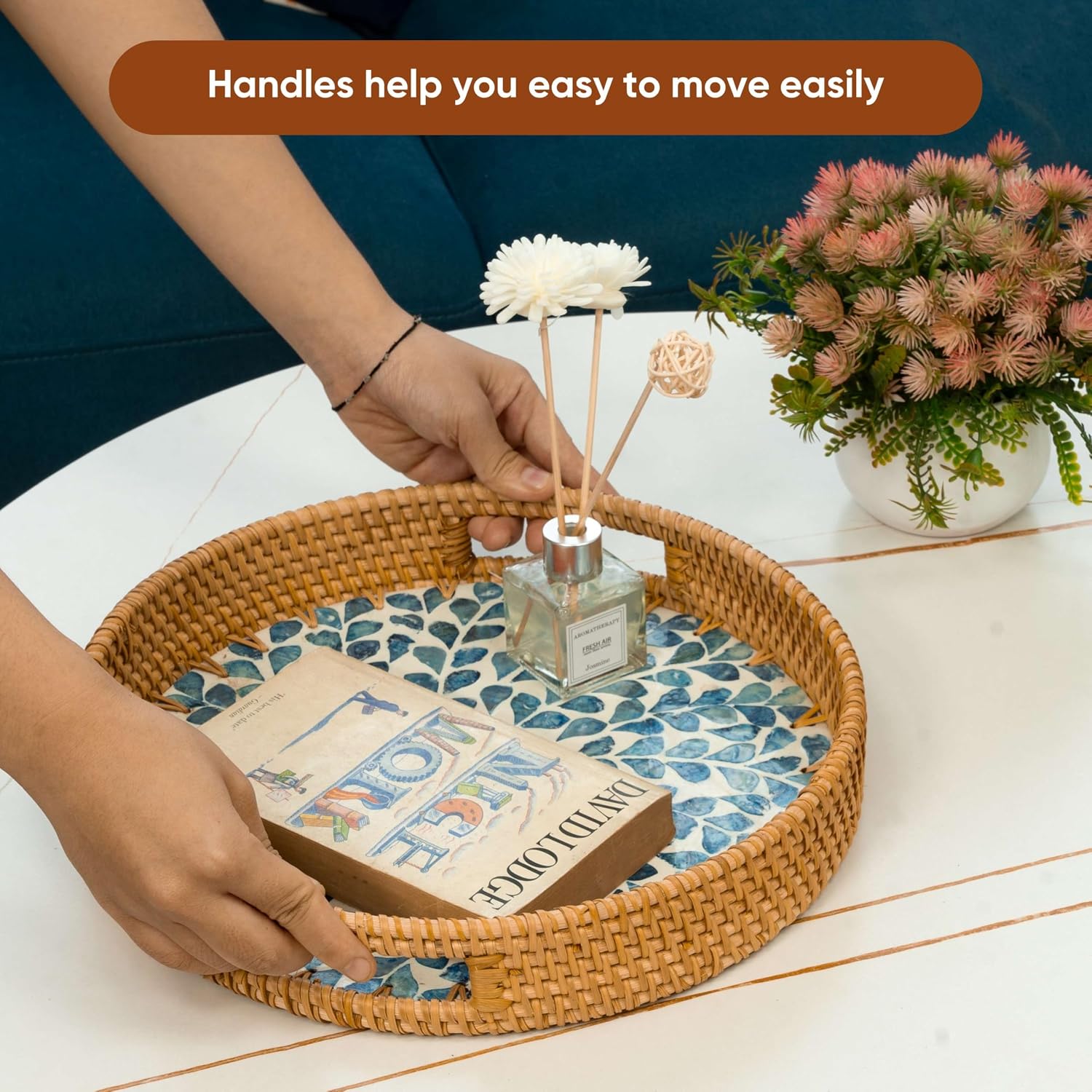 Round Rattan Tray / Blue Leaves