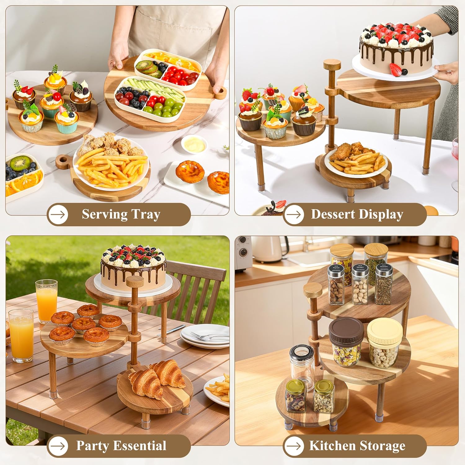 360° Rotatable Acacia Wood Cake Stand Cupcake Tower