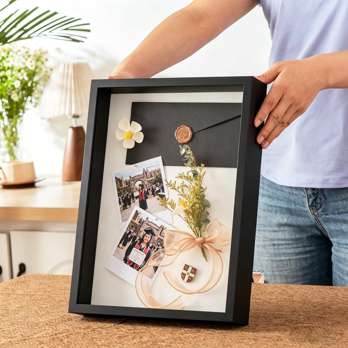 12x16 Large Shadow Box Frame with Thickened Acrylic Panel & Pins | With Push Pins, Deep 1.7" Black Shadow Box Display