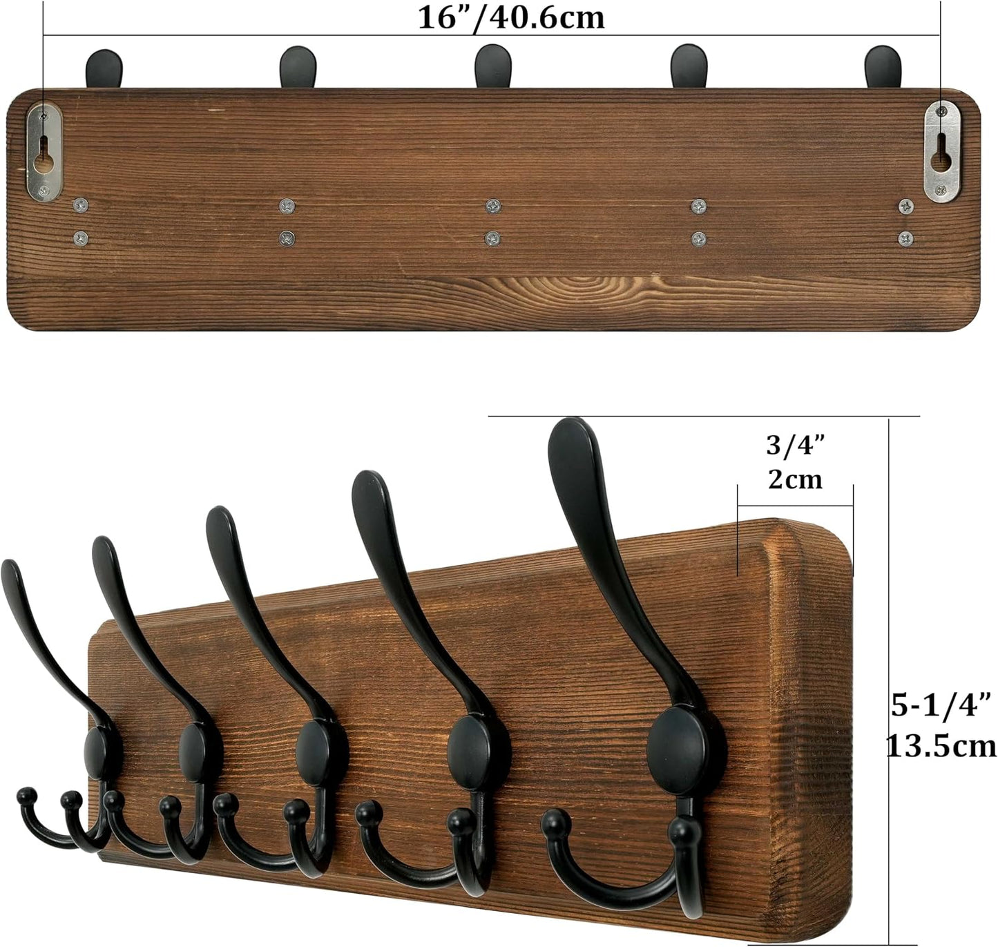 WEBI Rustic Coat Rack Wall Mounted,Wood Coat Hanger Wall,5 Coat Hooks,16" Hole to Hole,Hook Rack Rail,5 Triple Hooks