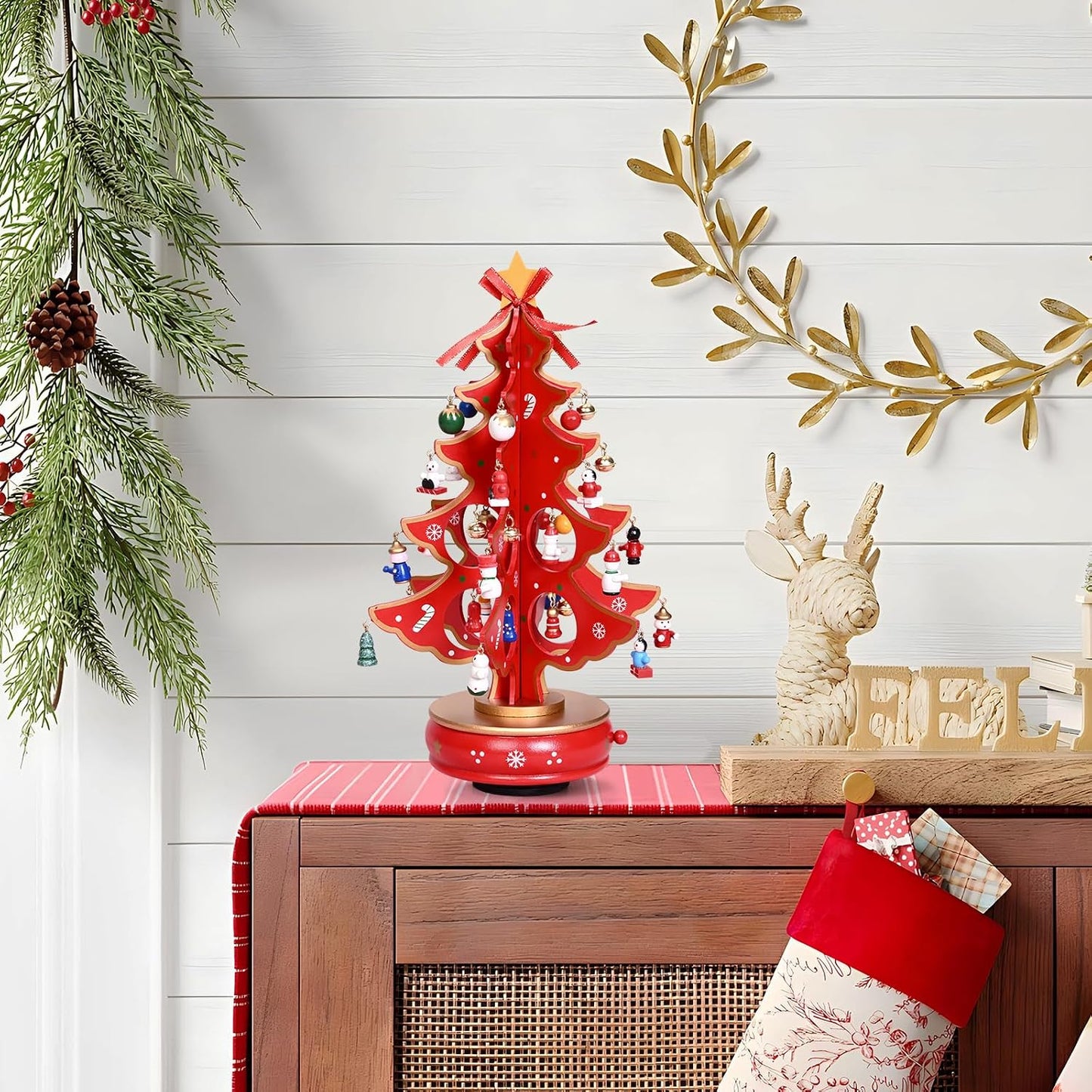 Uspring Christmas 24 Days Countdown Advent Calendar 2025, Musical Wooden Christmas Tree with Classic Music Box and 36