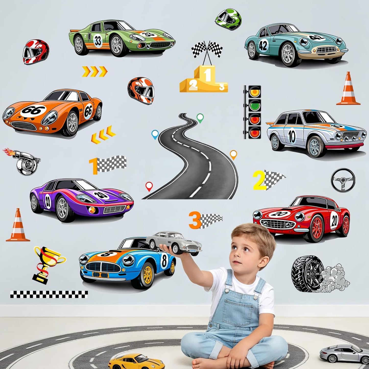 Racing Car Wall Decals Roads Vehicles Wall Stickers Vinyl Removable Wall Art for Boys Bedroom Kids