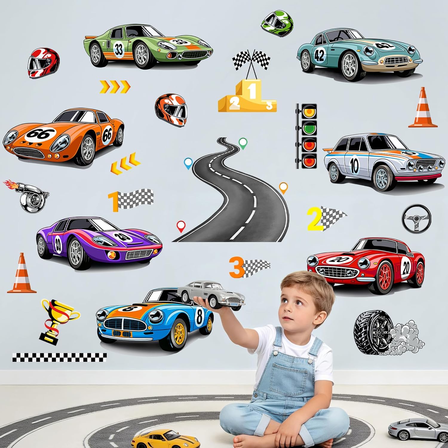 Racing Car Wall Decals Roads Vehicles Wall Stickers Vinyl Removable Wall Art for Boys Bedroom Kids