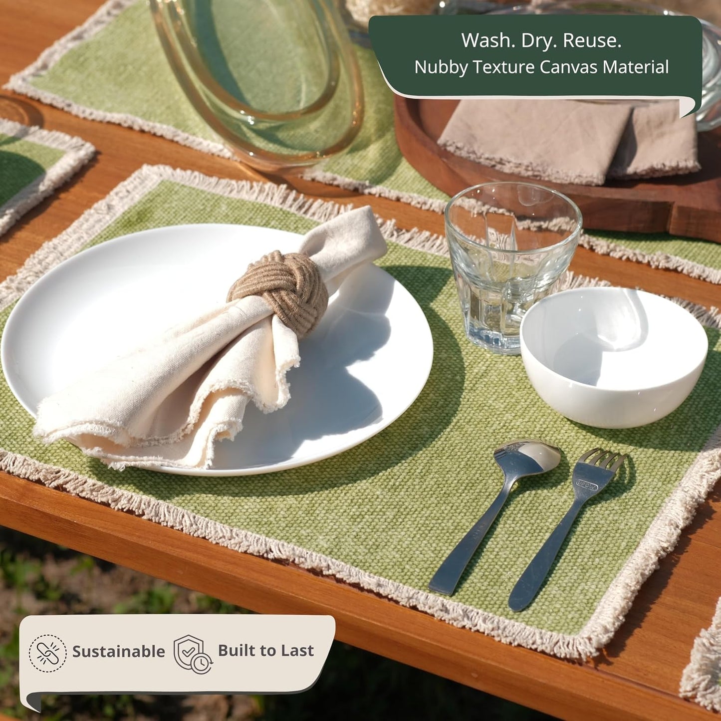 Hausattire Cotton Frayed Placemats Set of 6 Dining Table 14x14 Inch | Rustic Vintage Boho Washable Easter Placemat for