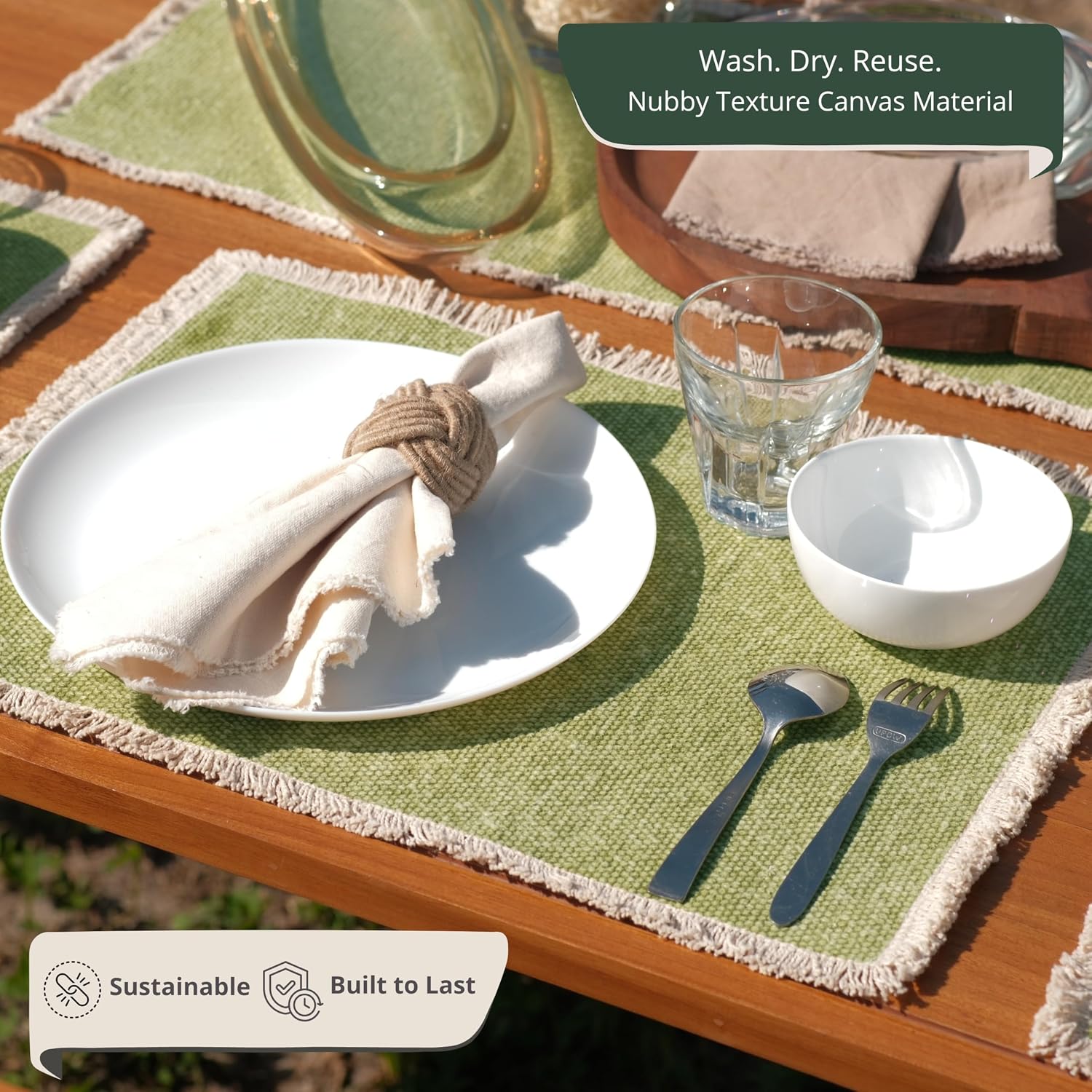 Hausattire Cotton Frayed Placemats Set of 6 Dining Table 14x14 Inch | Rustic Vintage Boho Washable Easter Placemat for