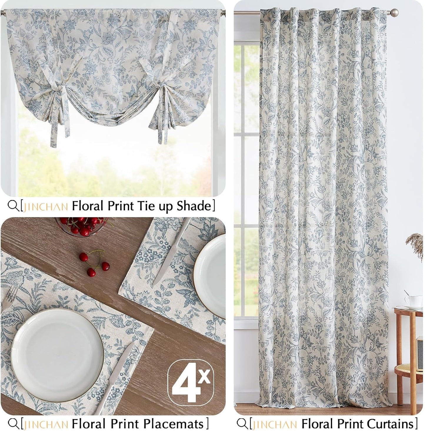 JINCHAN Linen Floral Placemats Set of 4 Farmhouse 13x19 Inch Blue | Fabric Placemats, Cottage Style, Vintage Botanical