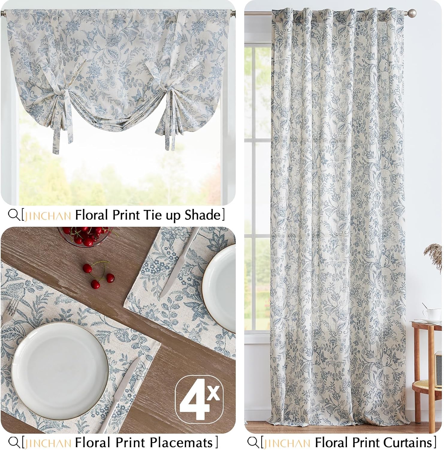 JINCHAN Linen Floral Placemats Set of 4 Farmhouse 13x19 Inch Blue | Fabric Placemats, Cottage Style, Vintage Botanical