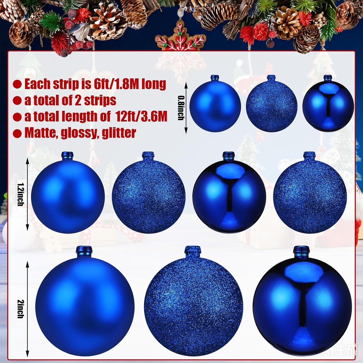 2 Pcs 6 ft Christmas Ball Ornament Garland, Mixed Navy Blue | Bauble Bulb Christmas Tree Ball Decoration Shatterproof